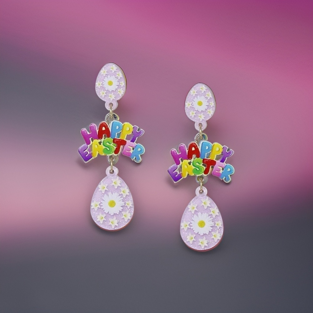 HAPPY EASTER Egg Acrylic Earrings - Purple/Lavendar